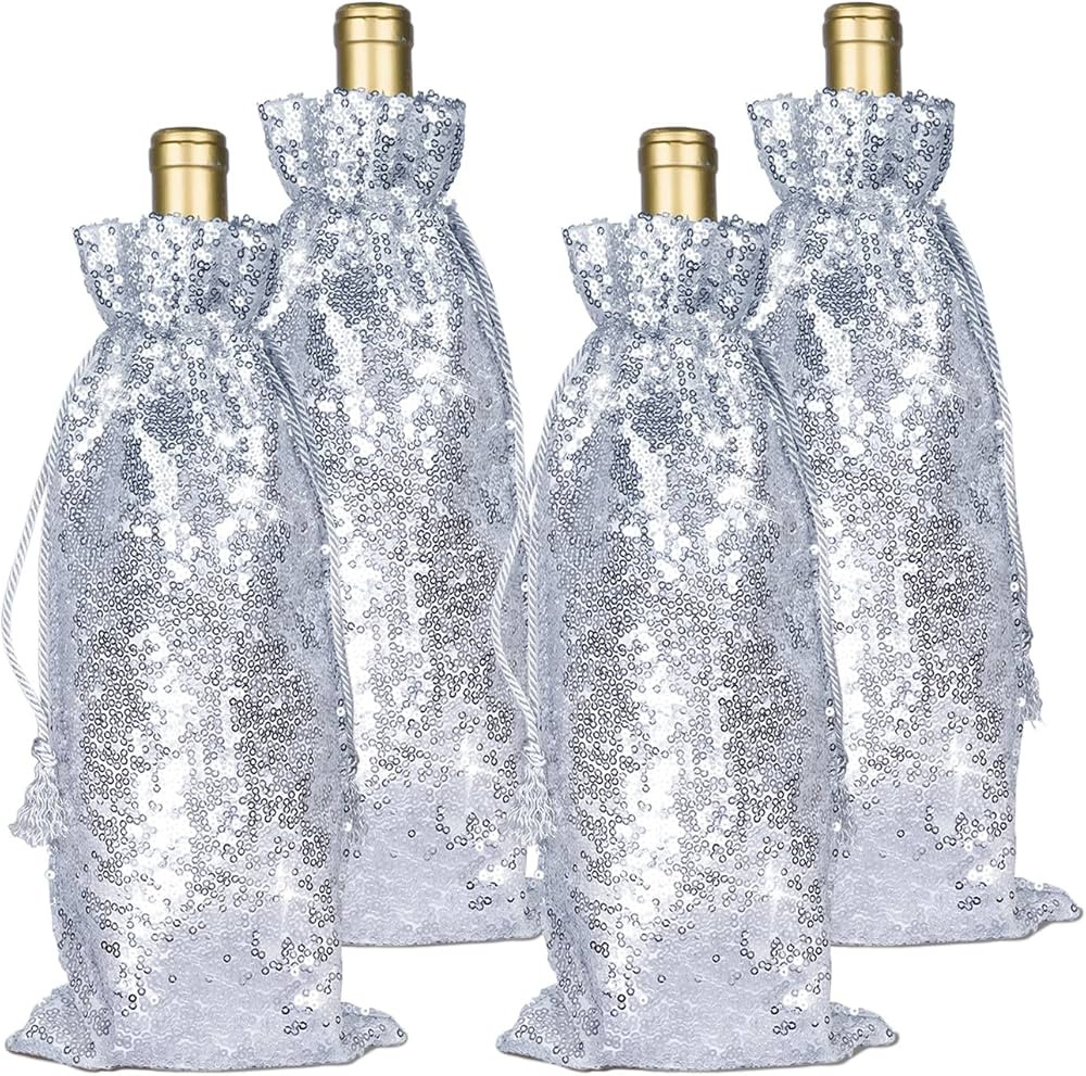 PartyDelight Silver Sequin Wine Gift Bag 4 Pack, Sparkly Beautiful and Reusable for Travel, Weddi... | Amazon (US)