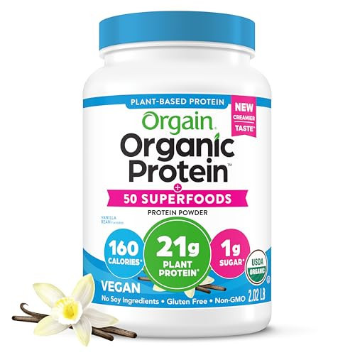Orgain Organic Vegan Protein + 50 Superfoods Powder, Vanilla Bean - 21g Plant Based Protein, 8g Prebiotic Fiber, No Lactose Ingredients, Gluten Free, No Added Sugar, Non-GMO, 2.02 lb | Amazon (US)