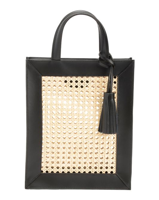 Made In Italy Leather Trim Cane Tote With Tassel | TJ Maxx