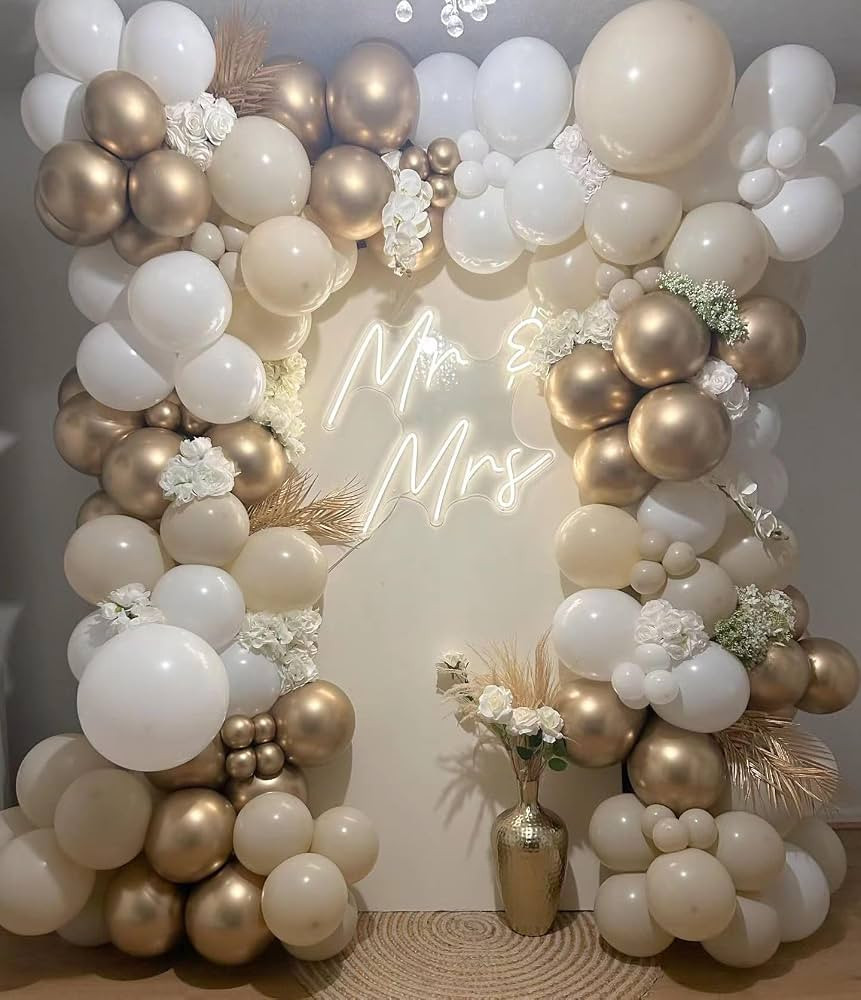 White Sand Gold Balloon Garland Arch kit 144pcs Beige Nude White with Metallic Chrome Gold Latex ... | Amazon (US)