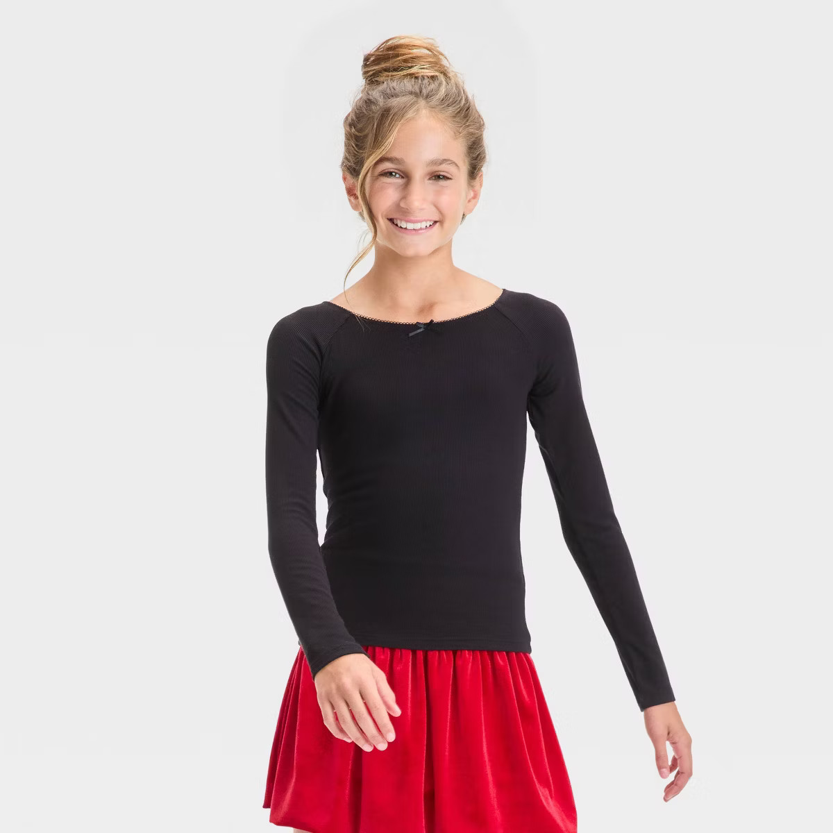 Girls' Long Sleeve Bow Boat Neck Shirt - art class™ | Target