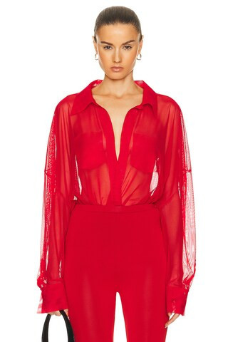 Norma Kamali Super Oversized Boyfriend Shirt Bodysuit in Red | FWRD 