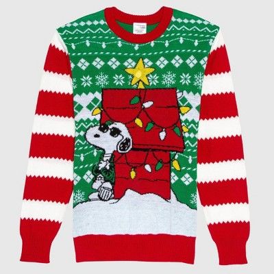 Men's Peanuts Snoopy Lights Ugly Holiday Sweater - Green | Target