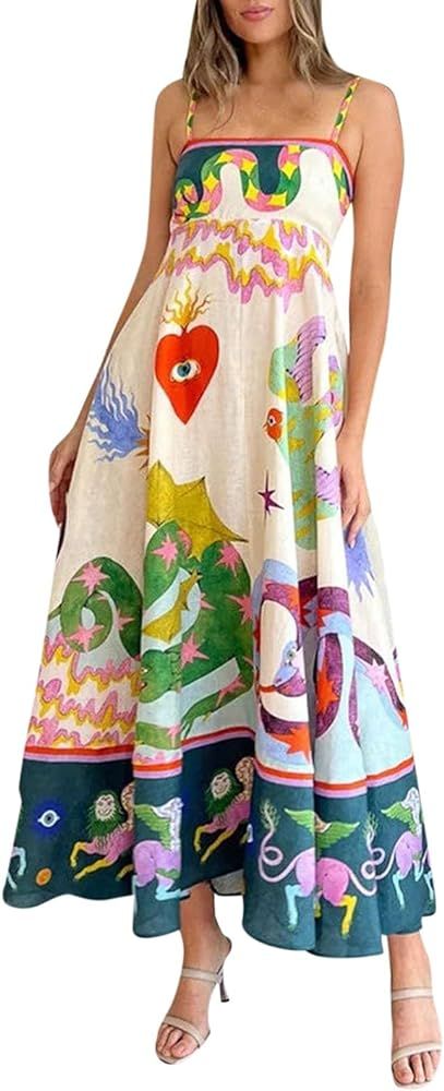 Women Cute Print Maxi Cami Dress Sleeveless Spaghetti Strap Boho Dress Graffiti Long A Line Flowy... | Amazon (US)