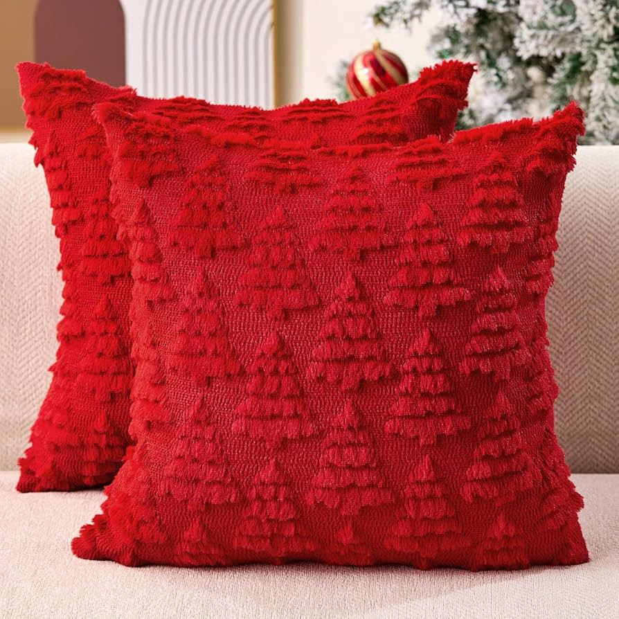 Christmas Pillow Covers 18 x 18 Set of 2 Christmas Decoration Red Xmas Tree Pillow Cases Plush Fa... | Amazon (US)
