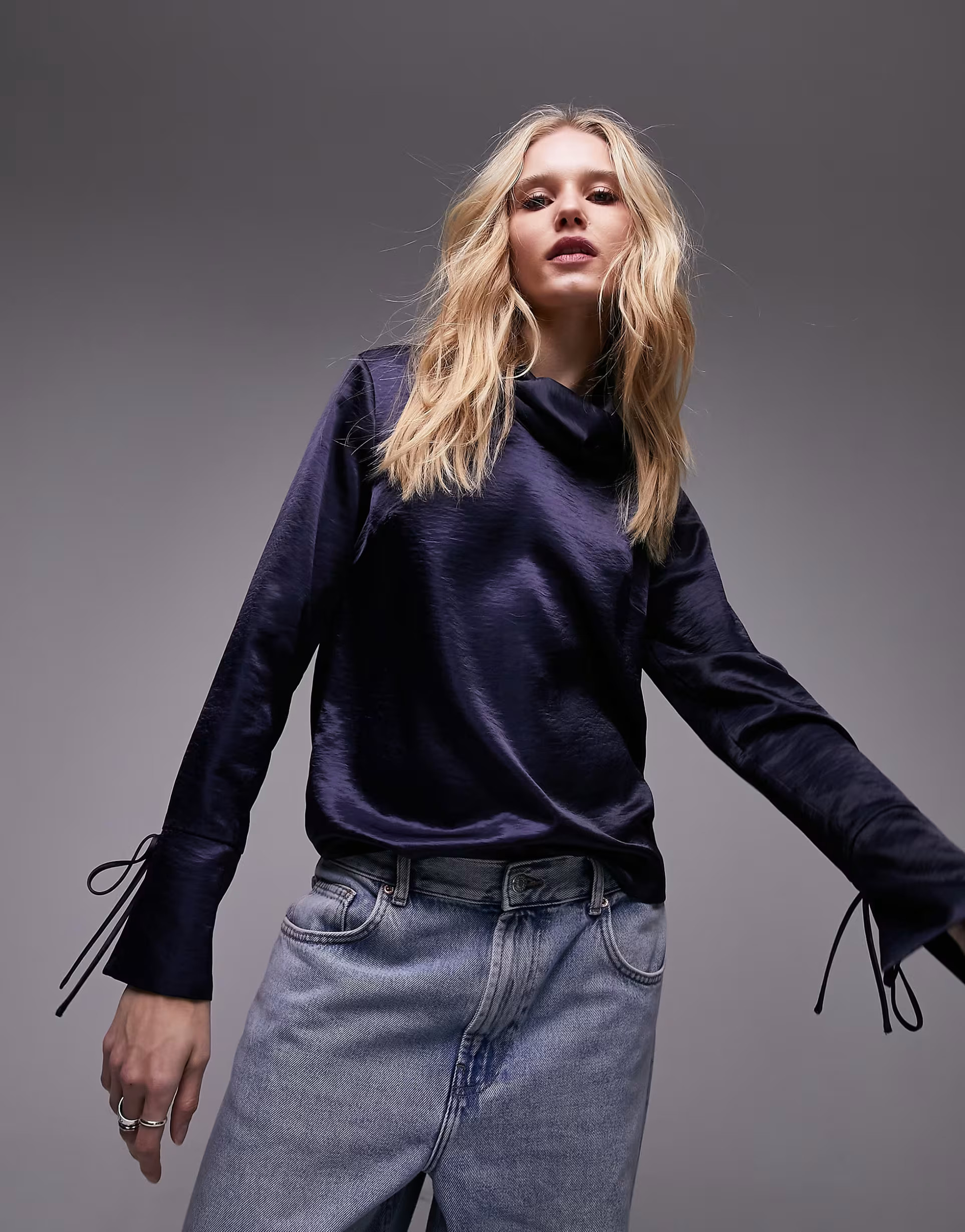 Topshop satin crinkle high neck top in indigo | ASOS (Global)