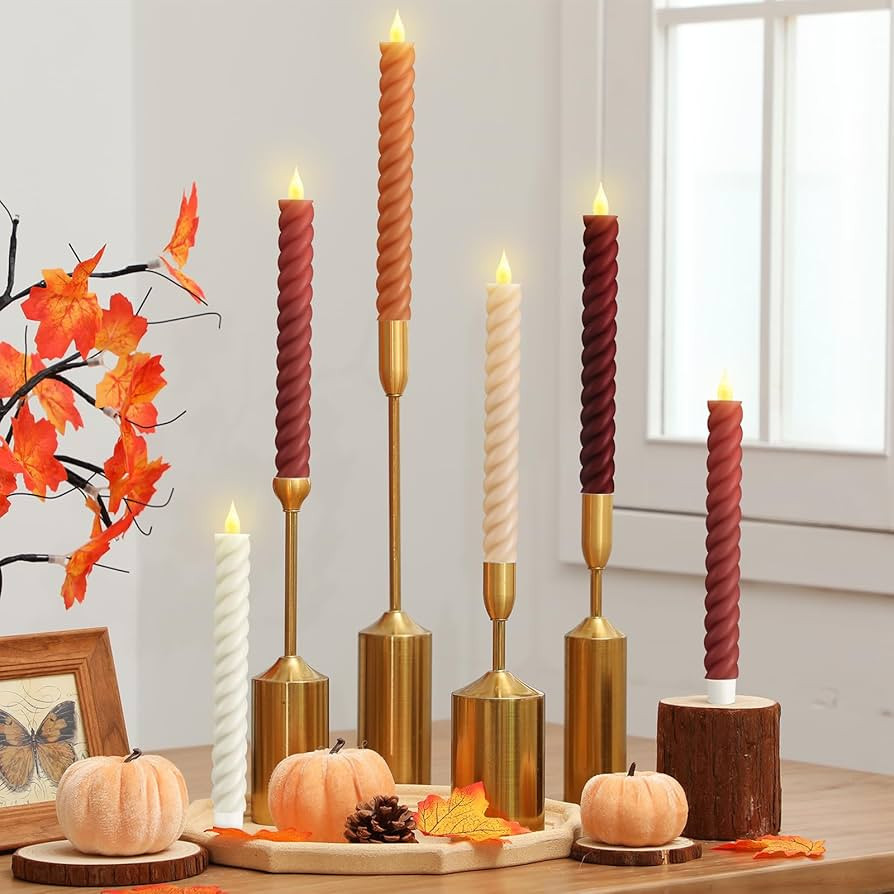 6 Pcs Fall Flameless Taper Candle Twisted LED 9.65 Inch Fall Taper Candles Battery Operated Twist... | Amazon (US)