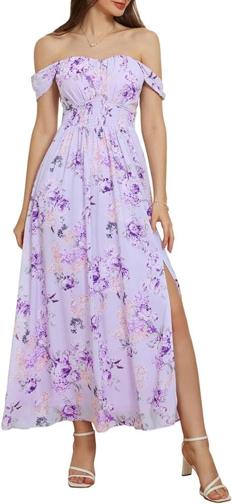 GRACE KARIN 2024 Women's Summer Floral Print Flowy A Line Dresses Sleeveless Smocked Off Shoulder... | Amazon (US)