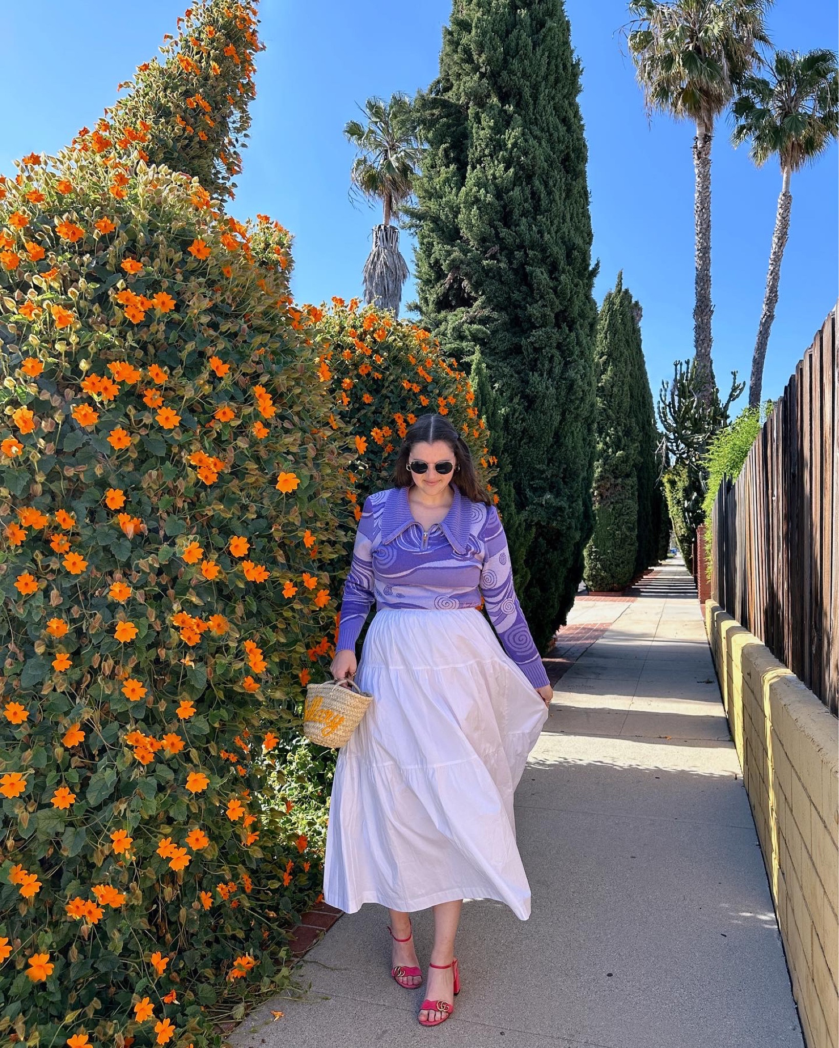 House of Sunny Indigo Skies Tracksuit Top, rent the runway, clothing rental, purple sweater, Staud sea skirt, white midi skirt, maxi skirt, shopbop, Gucci Marmont GG Ankle-Strap Sandals, hot pink heels, saks fifth avenue, spring / summer, fall / winter, rayban round sunglasses, gold jewelry from Amazon (hoop earrings, rings), etsy straw name bag / purse, matching set

#LTKunder50 #LTKstyletip #LTKunder100