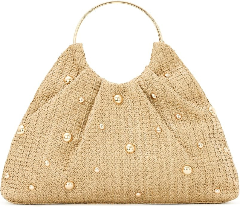 GOKTOW 2025 Chic Straw Round Clutch - Beaded Evening Bag with Metal Handle | Amazon (US)