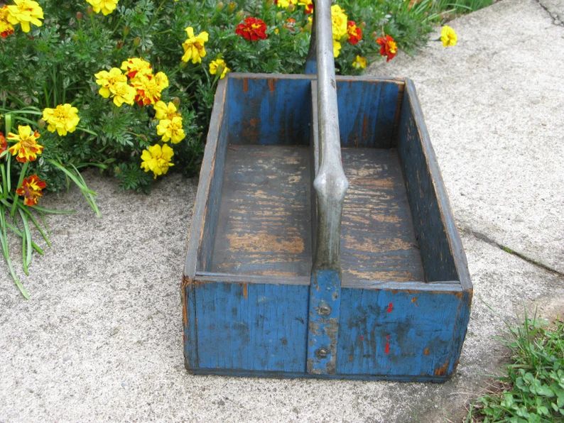 Vintage Wood Toolbox Tote Garage Utility Box Blue Tote Garden - Etsy | Etsy (US)