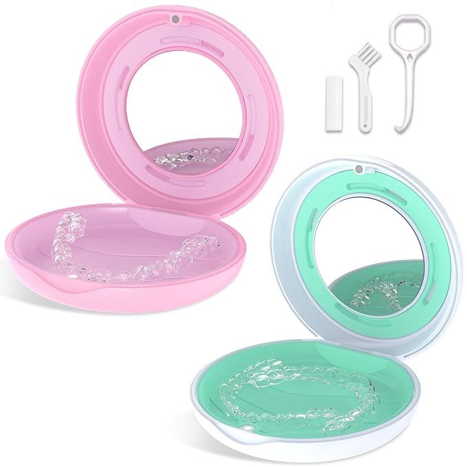 2PCS Retainer Case with Mirror and Adjustable Vent Holes, Cute Slim Aligner Case Compatible with ... | Amazon (US)