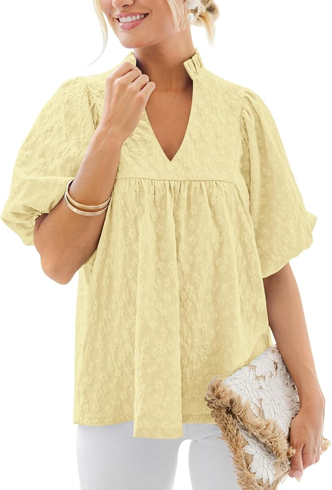 MASCOMODA Womens Summer Tops 2025 Ruffle V Neck Blouses Loose Puff Short Sleeve Jacquard Babydoll... | Amazon (US)
