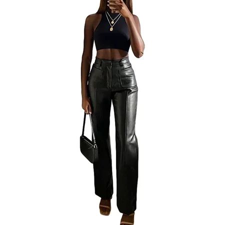 ZIYIXIN Women Faux Leather Pants High Waist Straight Wide Leg Leggings Slim Fit Trousers Vintage Str | Walmart (US)