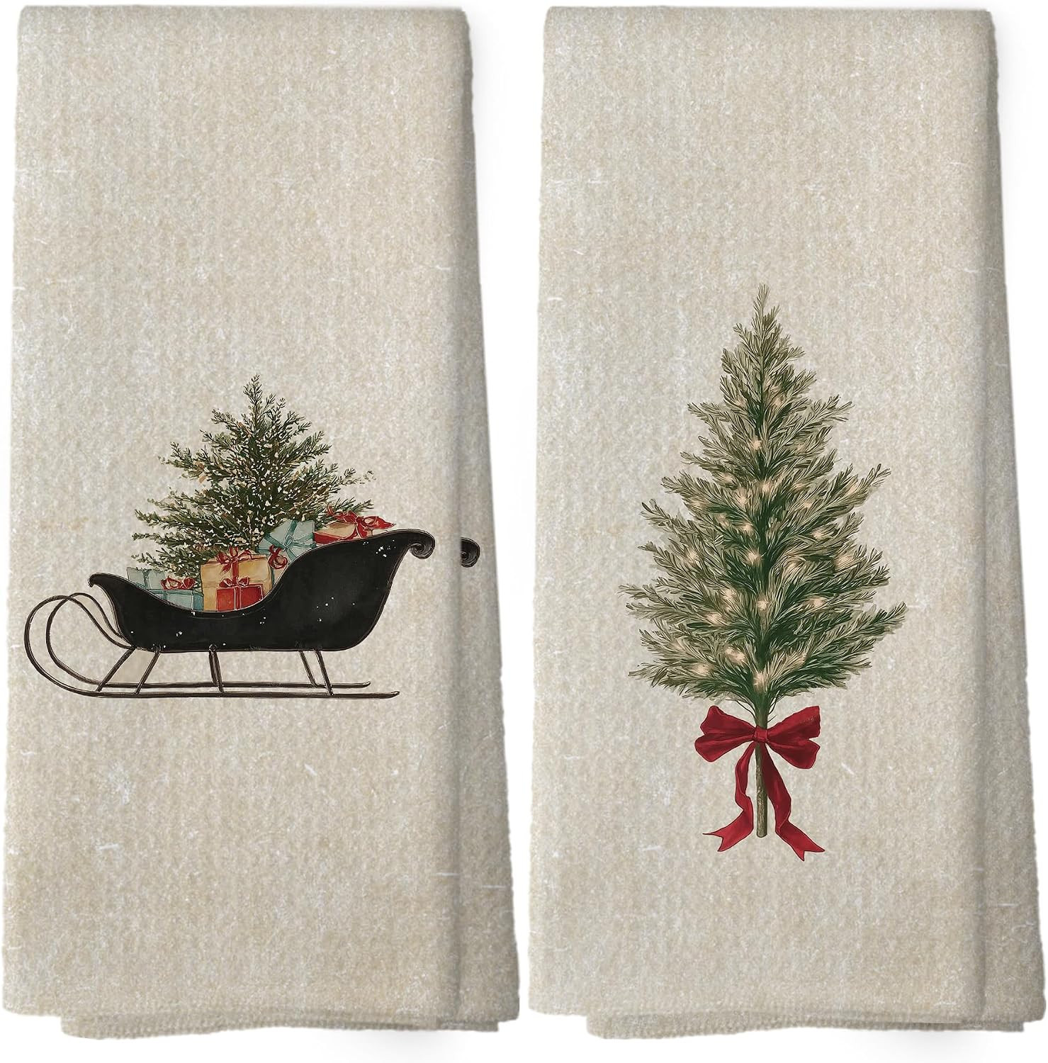 XPH Vintage Christmas Tree Kitchen Dish Towels Set of 2, Christmas Kitchen Gifts, Rustic Farmhouse Winter Xmas Sleigh Seasonal Hand Towels Tea Towel Decorations, 16x24inch | Amazon (US)