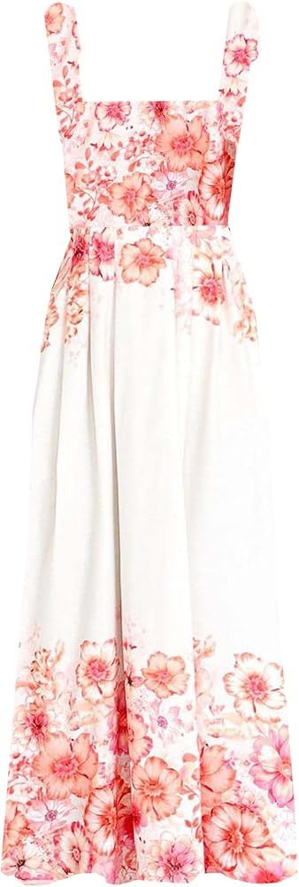 kinstell Women's Summer Boho Spaghetti Strap Square Neck Ruffle Casual Flowy Long Dress Beach Swi... | Amazon (US)