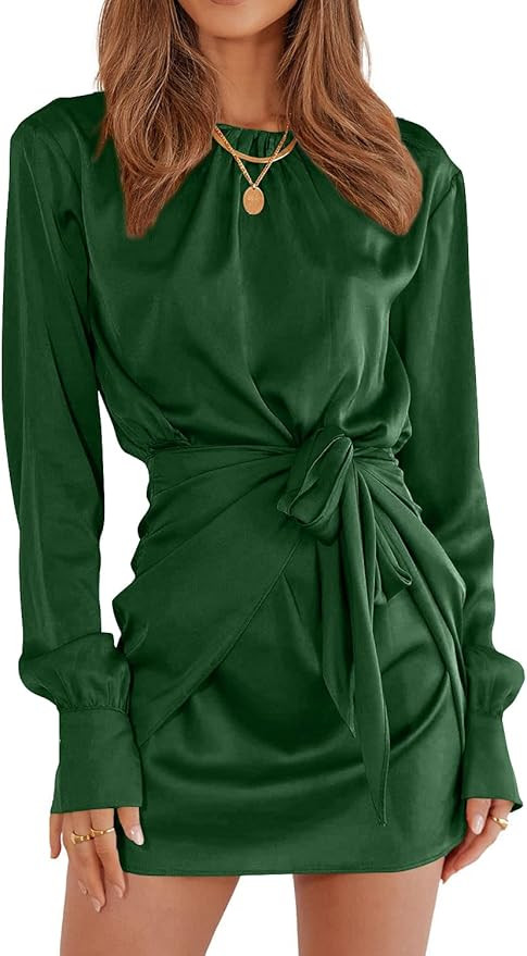 PRETTYGARDEN Women's 2022 Winter Satin Dress Long Sleeve Tie Waist Elegant Cocktail Party Mini Dr... | Amazon (US)