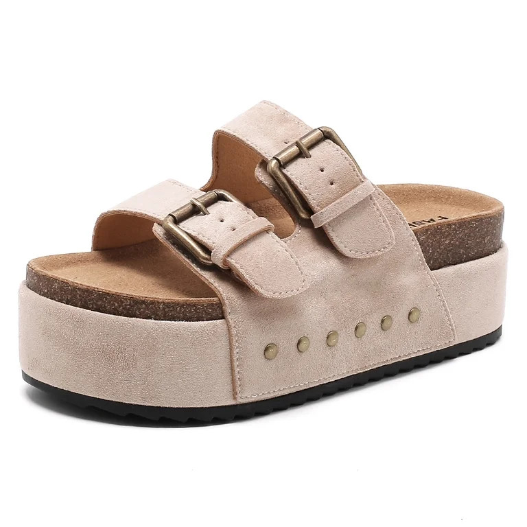 CKWLXQYY Women's Platform Slide Sandals with Cork Footbed & Double Buckles, Summer Chunky Slides ... | Walmart (US)