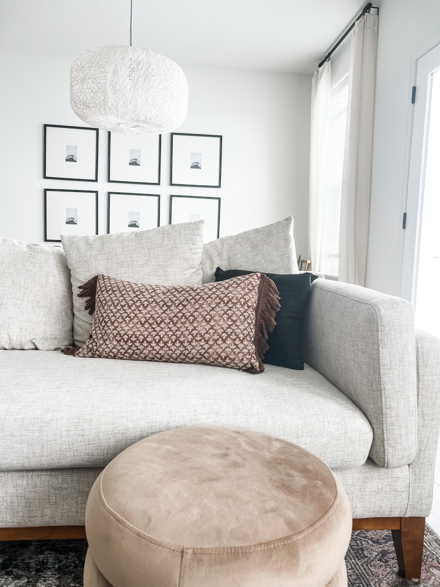 Living room furniture & decor, gallery wall, picture frames, curtains, pendant light, couch, throw pillows, ottoman, poufs, modern, west elm, target, world market, studio McGee. Lighting. End table, bench, sofa, coffee table. #throwpillow #couch #gallerywall

#LTKstyletip #LTKunder100 #LTKhome