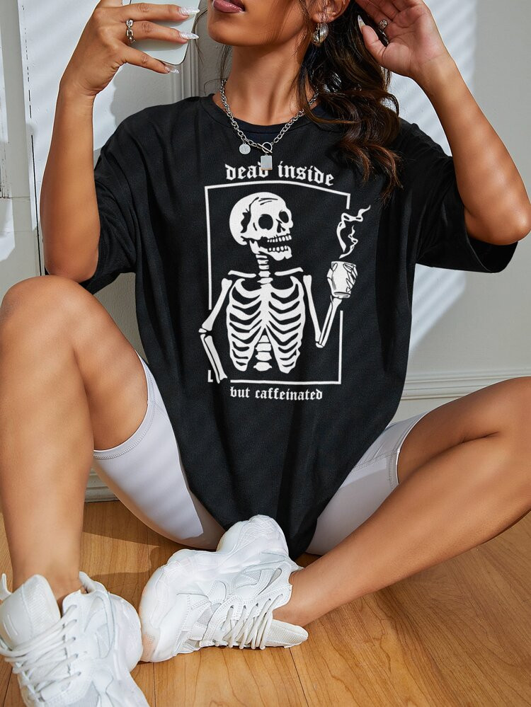 Skeleton And Slogan Graphic Drop Shoulder Tee | SHEIN