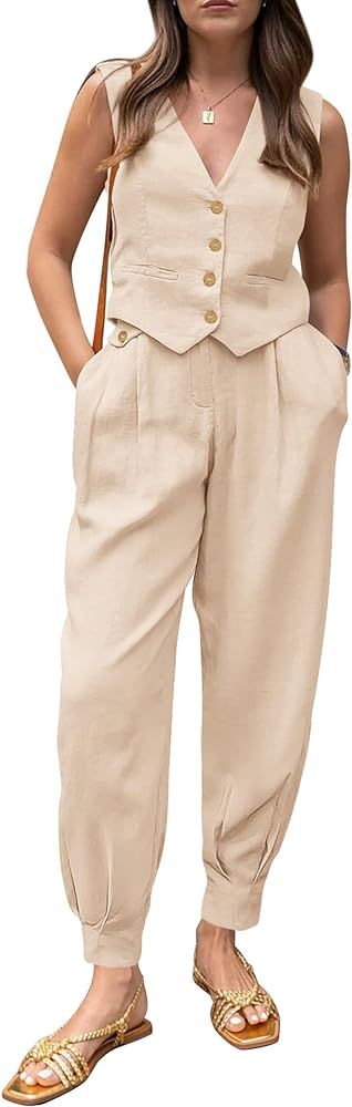 PRETTYGARDEN Womens 2 Piece Outfits Cotton Sets Deep V Neck Button Front Cropped Tank Tops Vest P... | Amazon (US)