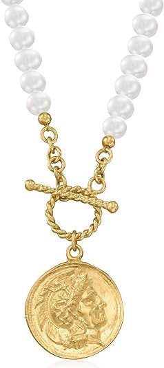 Ross-Simons 5.5-6mm Cultured Pearl and Replica Roman Coin Charm Necklace in 18kt Gold Over Sterli... | Amazon (US)