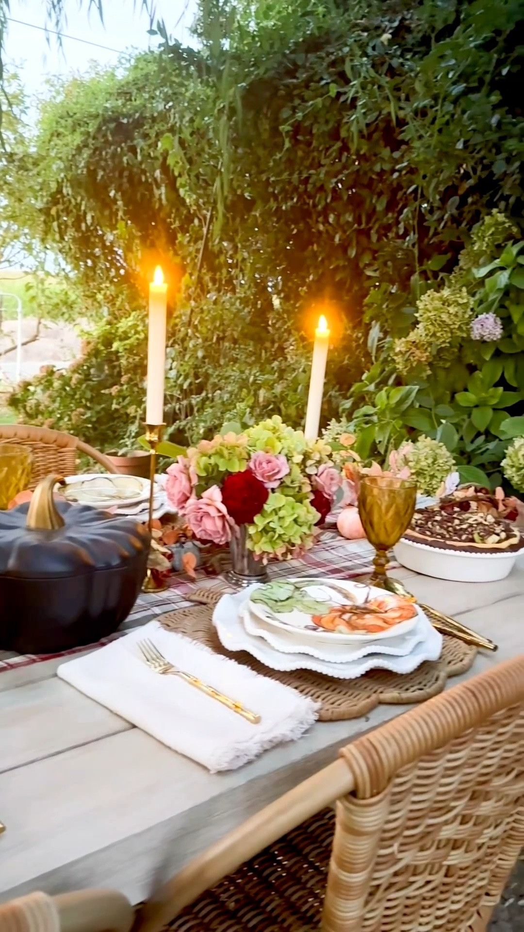 #ad It’s officially fall hosting season and @Wayfair has everything you need to entertain family and friends from now until Thanksgiving and beyond! For this beautiful tablescape I used a plaid table runner, fall garlands, faux pumpkins, acorns and pine cones, amber goblets, rattan pumpkin shaped placemats, my trusty neutral Perlette plates, pumpkin salad plates, brass candlestick holders, cream colored LED flicker candles, a pumpkin shaped cast iron Dutch oven, and beautiful bouquets (garden roses, Southern magnolia leaves and hydrangeas from my garden) in mint julep cups!! ❤️🍁 #wayfair #wayfairparner

#LTKSeasonal #LTKHome #LTKSaleAlert