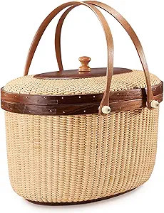 Nantucket Basket Picnic Basket Rattan Handmade Products Woven Sewing kit Storage Basket Two Swing... | Amazon (US)