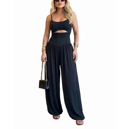 ChicMe Jumpsuits for Women Sleeveless Cut-Out Waist Backless Tie-Back Ruched Wide Leg Vacation Summer Womens Jumpsuit Black-S | Walmart (US)