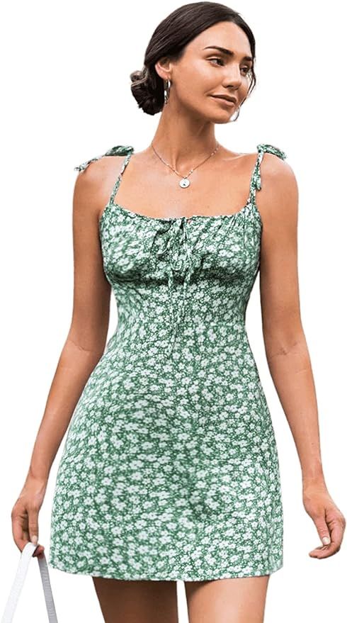 Floerns Women's Floral Print Spaghetti Strap Self Tie Front Flared Cami Dress | Amazon (US)