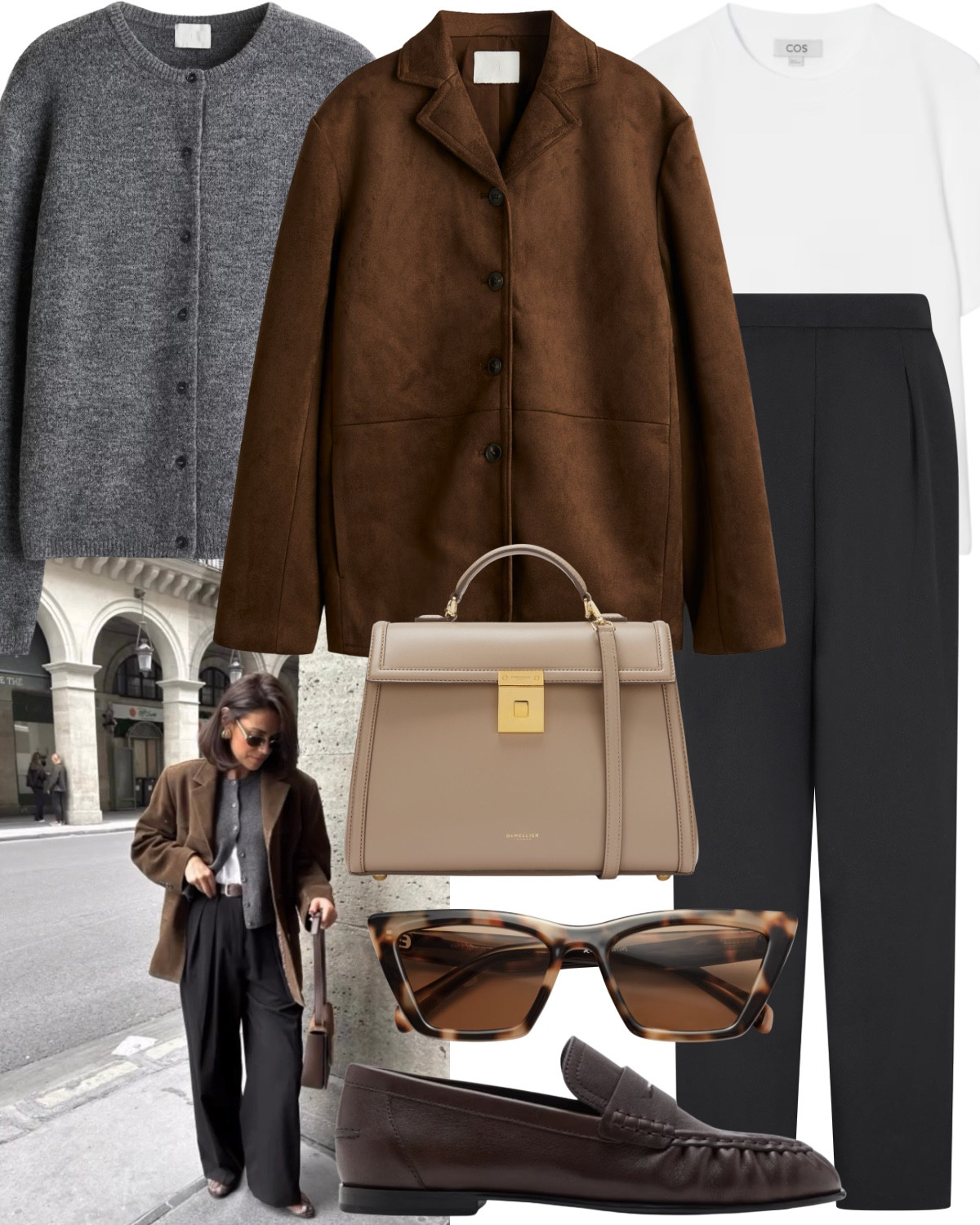 Suede is the staple of autumn 🤎

Suede jacket, grey cardigan, black tailored trousers, white t-shirt, leather handbag, brown sunglasses, brown loafers. 

#LTKautumn #LTKuk #LTKstyletip