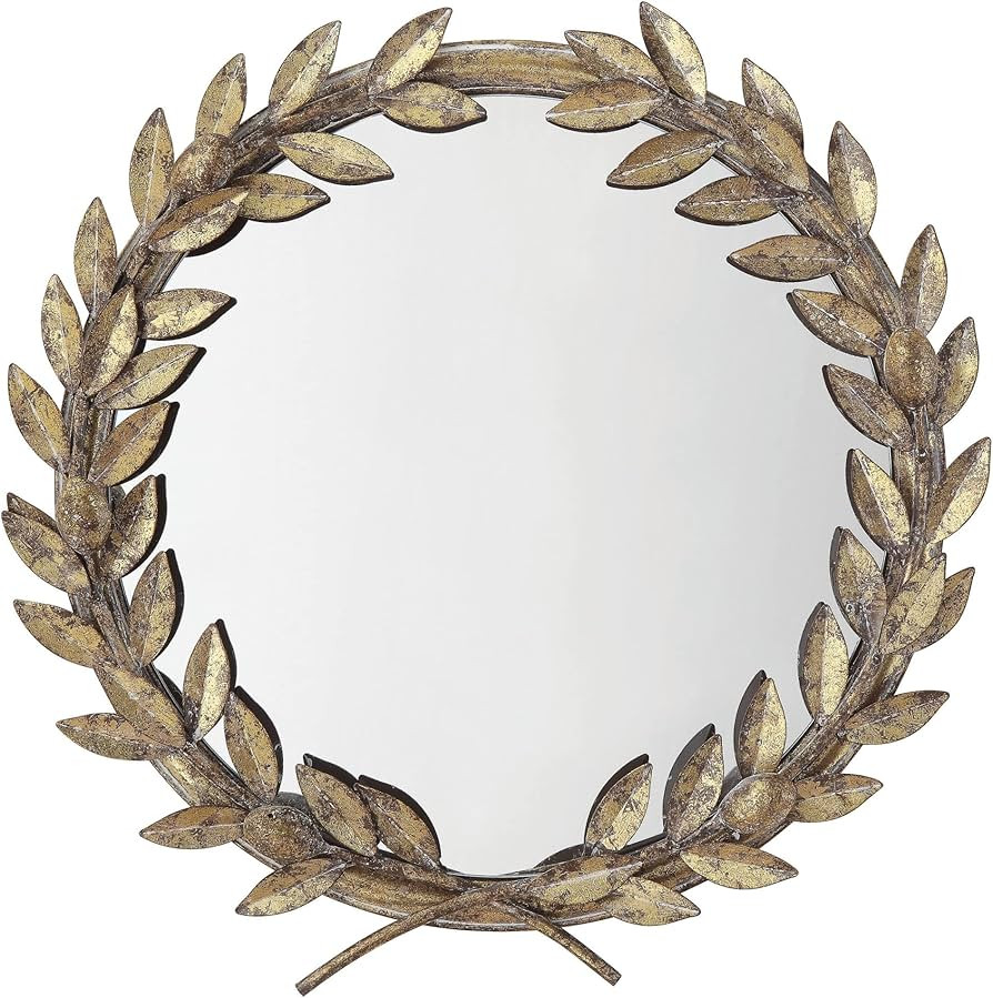 Round Antique Gold Metal Laurel Wreath Wall Mirror | Amazon (US)