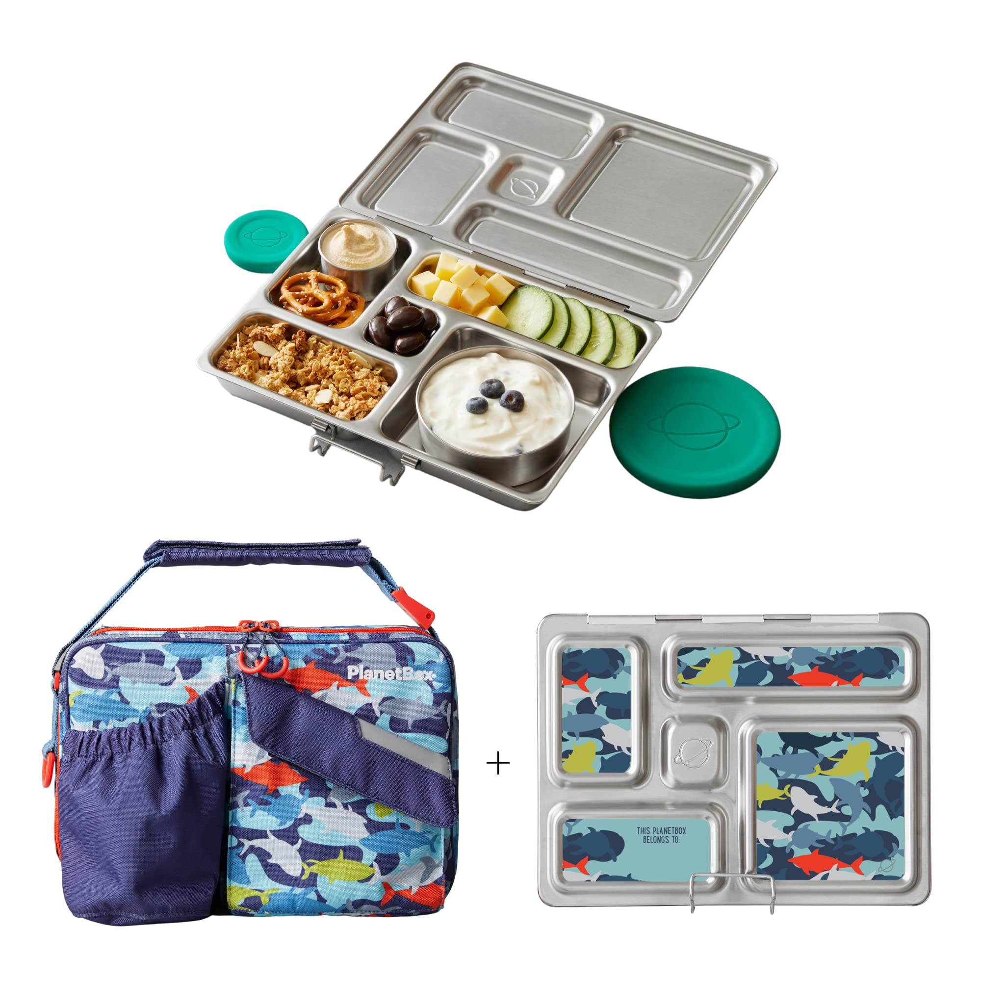 PlanetBox Rover Stainless Steel Bento Lunch Box with 5 Compartments, Sharks Carry Bag and Magnets | Amazon (US)
