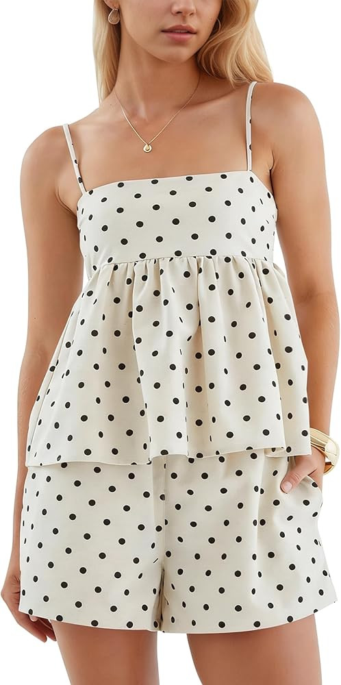 Dsewpaur Women Polka Dot Matching Short Sets Sleeveless Summer Sets Peplum Babydoll Tops Casual V... | Amazon (US)