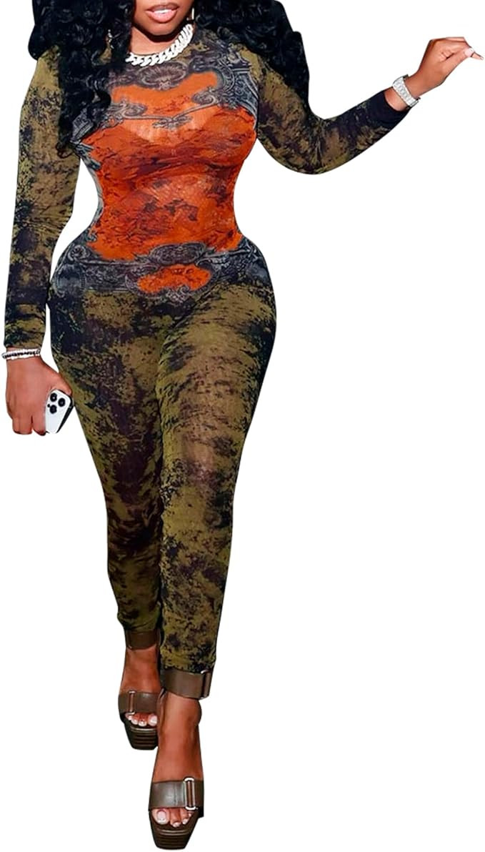 Women Sexy See Through Mesh Jumpsuit Long Sleeve Digital Print Bodycon Party Club Rompers | Amazon (US)