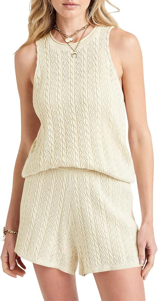 Tankaneo Womens Crochet Knit 2 Piece Lounge Sets Summer Trendy Sleeveless Crew Neck Tank Top and ... | Amazon (US)