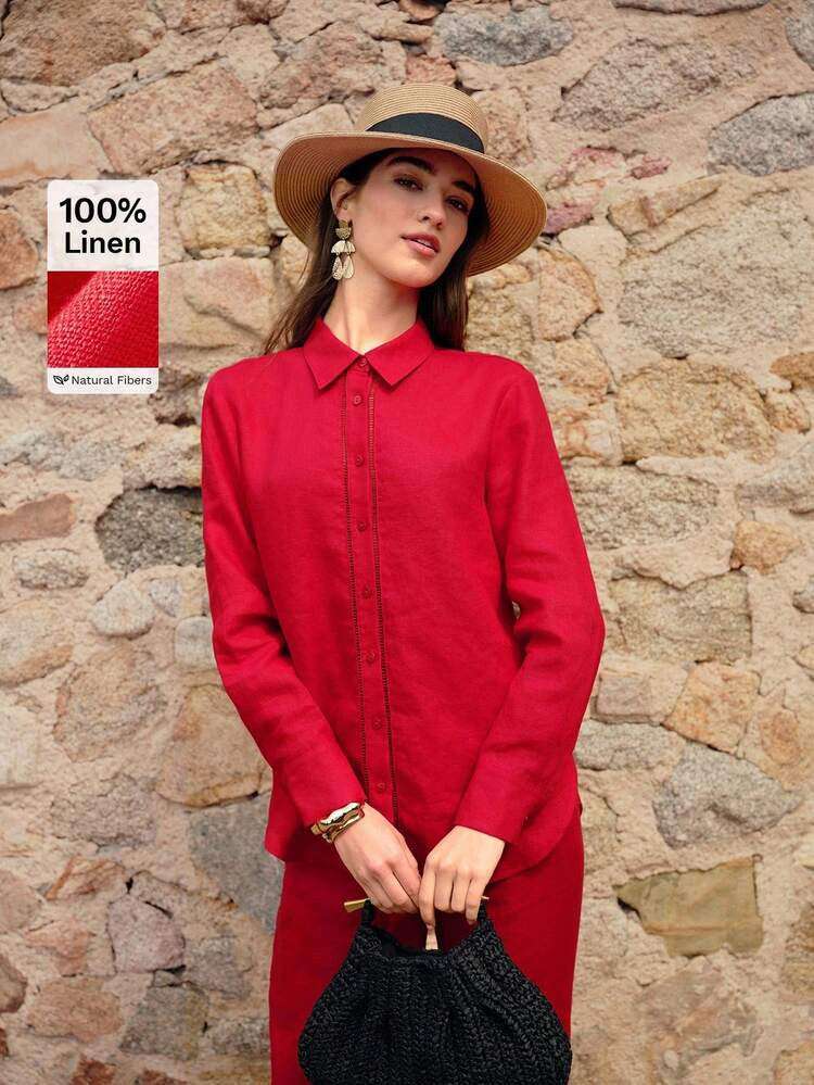 MOTF Petite SUMMER LIGHTWEIGHT VACATION LACE HOLLOW DETAIL 100% PURE LINEN RED SHIRT | SHEIN