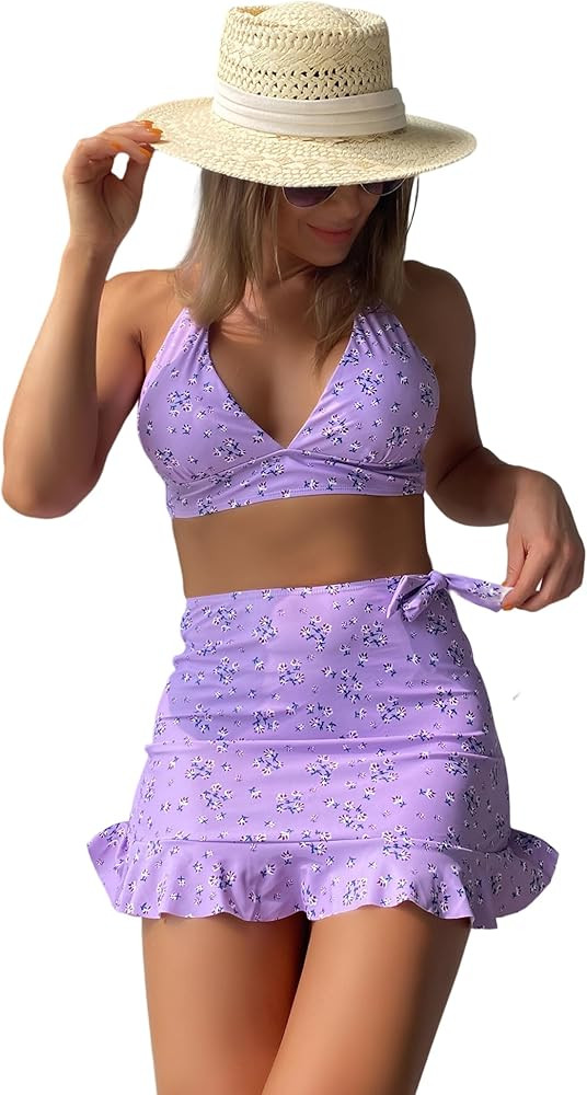 Floerns Women's 3 Piece Bathing Suit High Cut Bikini Sets Swimsuit with Cover Up Skirt | Amazon (US)