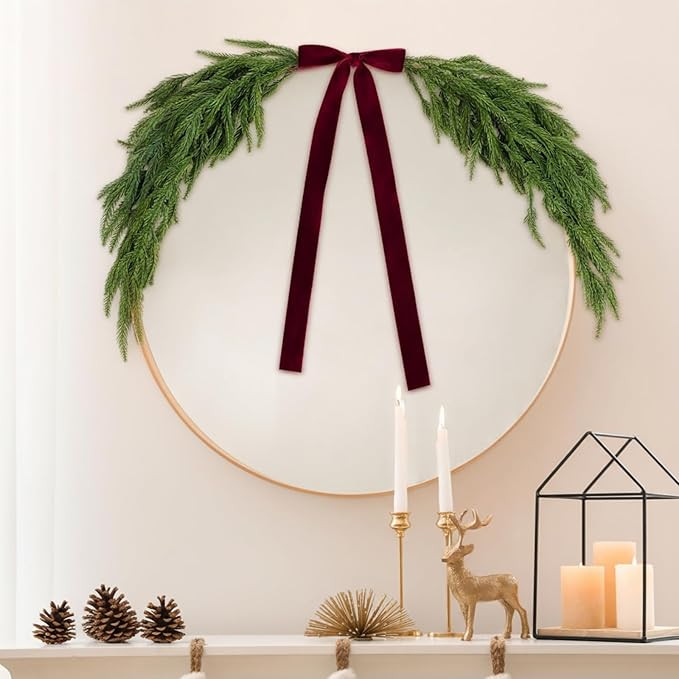 2.6ft Christmas Mirror Garland Artificial Norfolk Pine Swag for Mirror with Velvet Bow Faux Green... | Amazon (US)