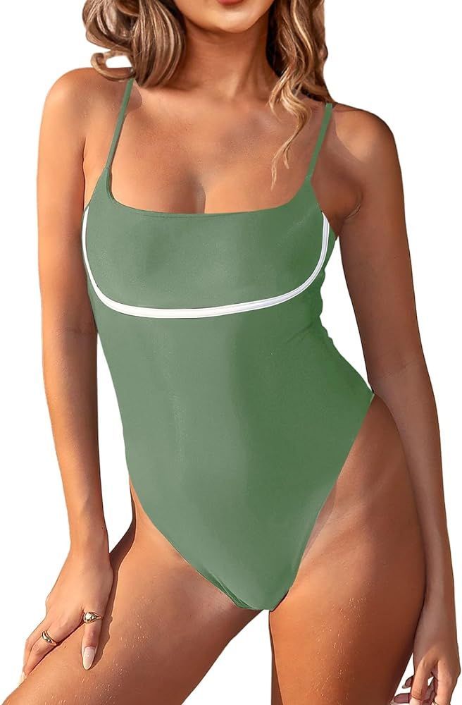 Saodimallsu Womens Sexy One Piece Bathing Suit Tummy Control Slimming High Cut Color Block Square... | Amazon (US)