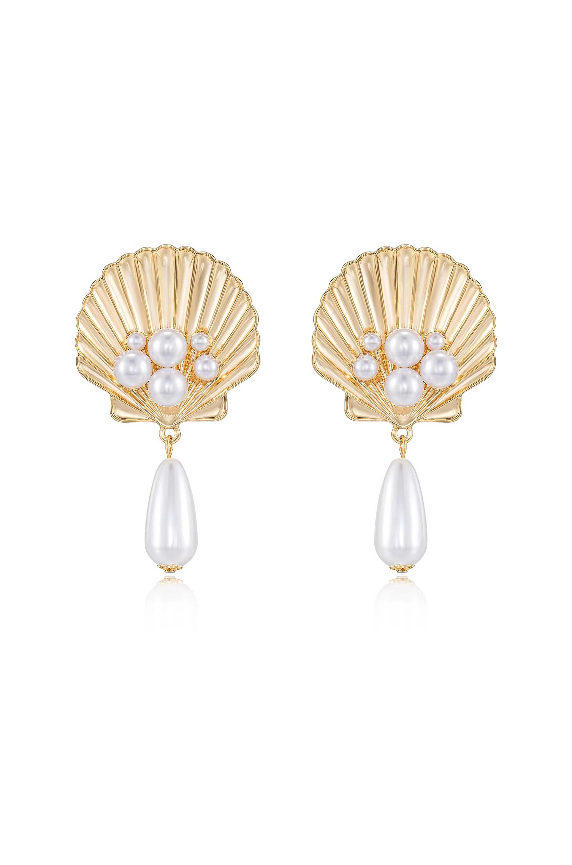 Golden Seashell Pearl Drop 18k Gold Plated Earrings | Ettika