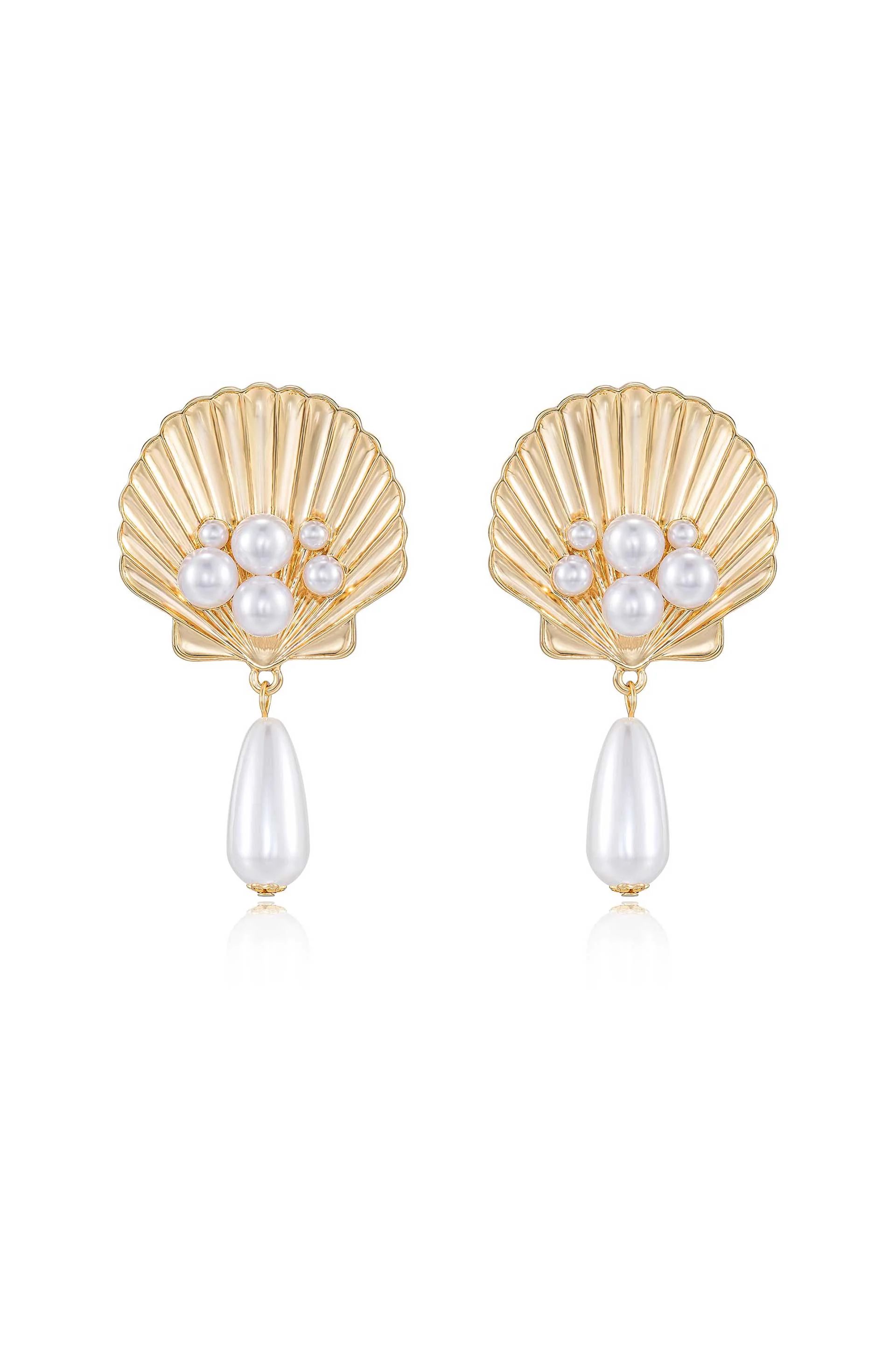 Golden Seashell Pearl Drop 18k Gold Plated Earrings | Ettika