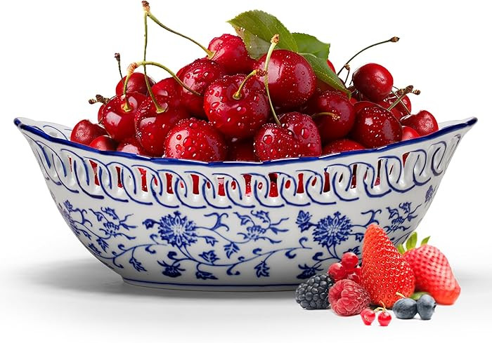 12" Extra Large Blue and White Porcelain Fruit Bowl for Kitchen Counter or Home Decor, Fruit & Ve... | Amazon (US)