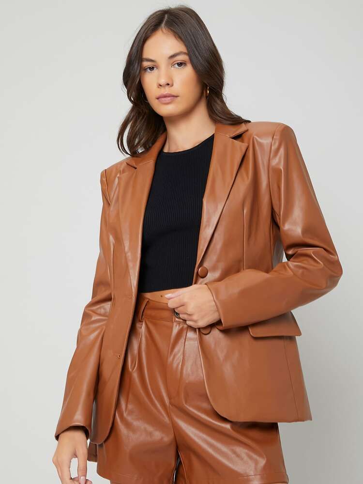 SHEIN BASICS Lapel Neck Flap Detail PU Leather Blazer | SHEIN