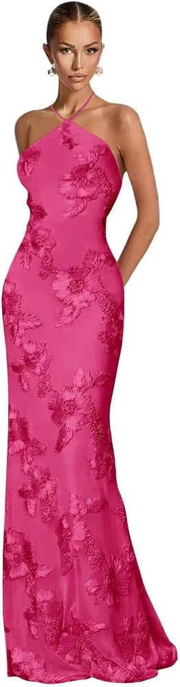 3D Floral Bridesmaid Dresses for Women Halter Formal Evening Gowns Sexy Tight Mermaid Prom Dress | Amazon (US)