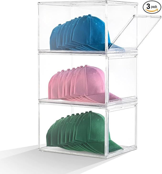 Hat Organizer Box for Baseball Caps, 3 Packs Baseball Cap Organizer, Hat Cap Acrylic Display Case... | Amazon (US)