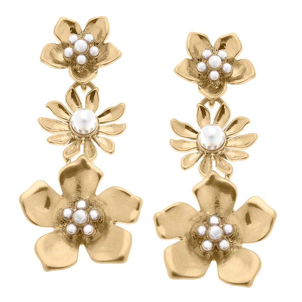 Meara Pearl Flower Triple Drop Earrings in Worn Gold | CANVAS