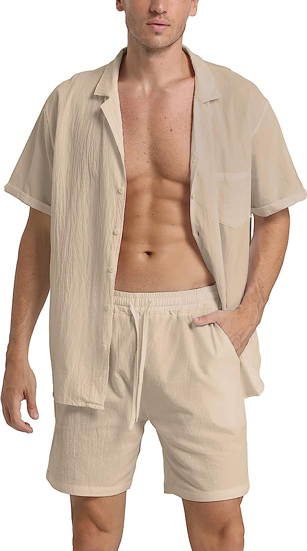 RPOVIG Linen Shirt Short Outfits:Men's Beach 2 Pieces Casual Button-Down Sets | Amazon (US)