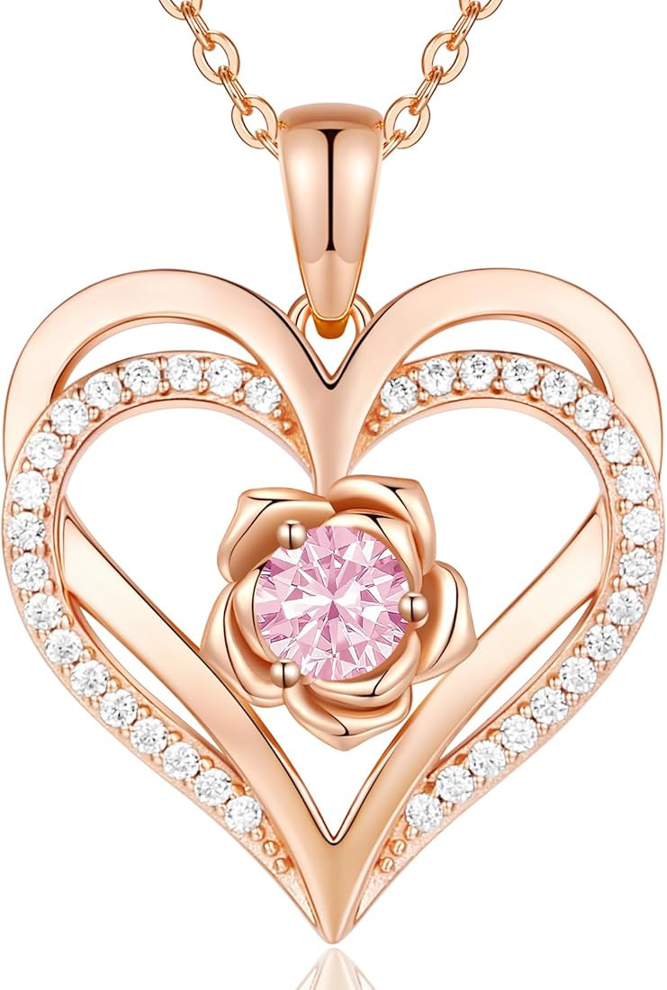 CDE Rose Flower Love Heart Birthstone Necklaces for Women 925 Sterling Silver Rose Gold Jewelry f... | Amazon (US)