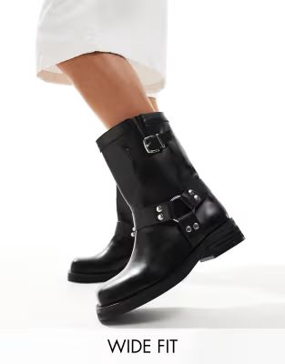 Public Desire Stallion Wide Fit square toe flat ankle boots with harness in black | ASOS (Global)